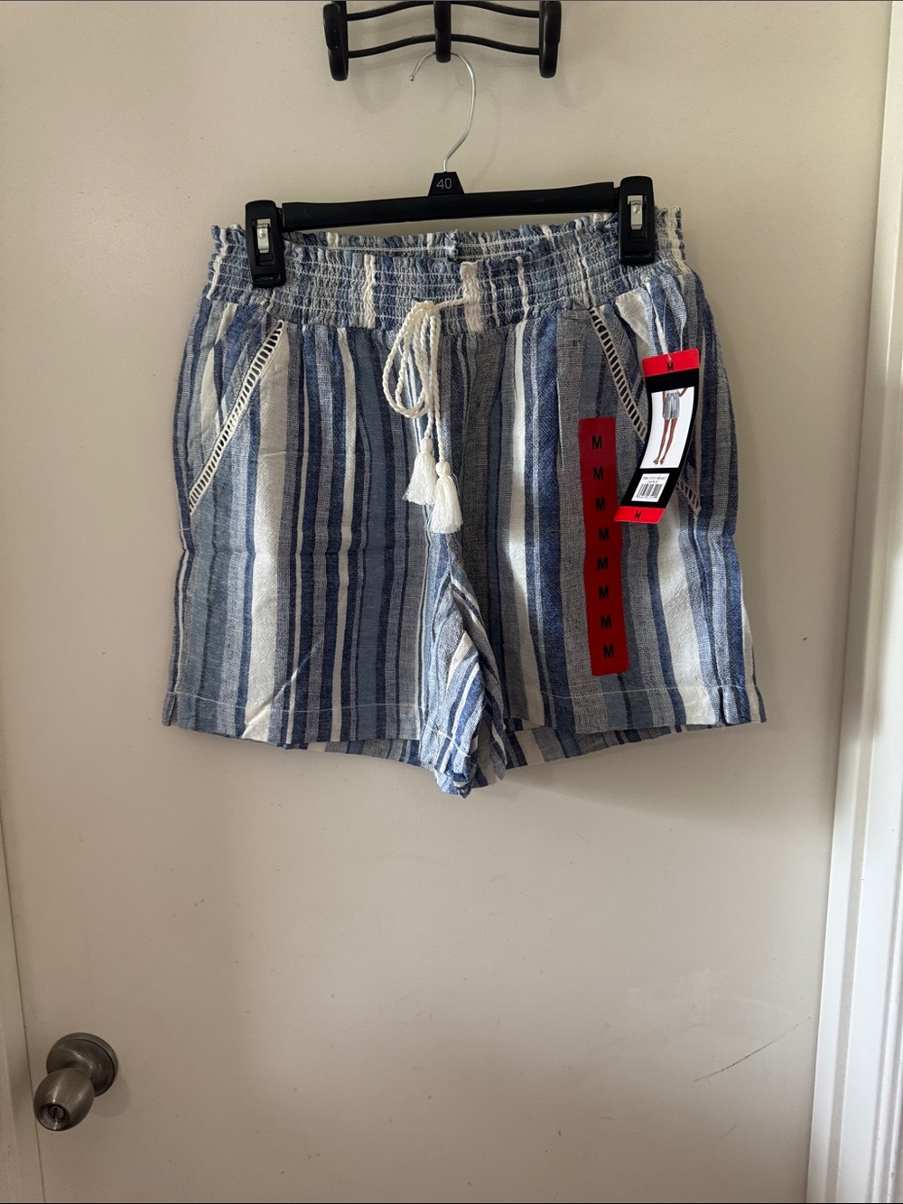 Briggs New York Blue and White Vertical Stripe High-Waist Shorts